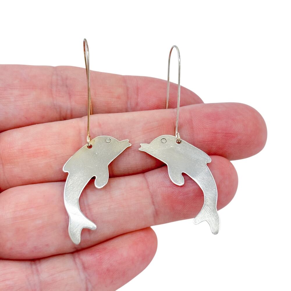 Vintage Sterling Silver 925 Dolphin Dangle Hook Earrings